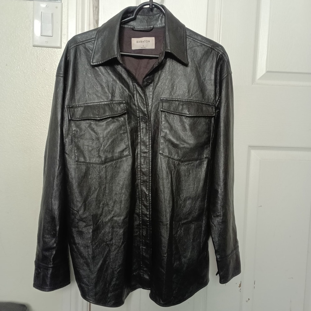 Babaton Black Leather Shirt-Style Jacket